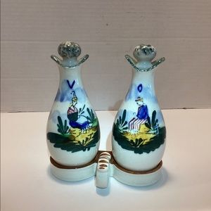 VIntage L&M INC.Cruets Handpainted OIl and VinegarCruets w/Stand &orig.stoppers